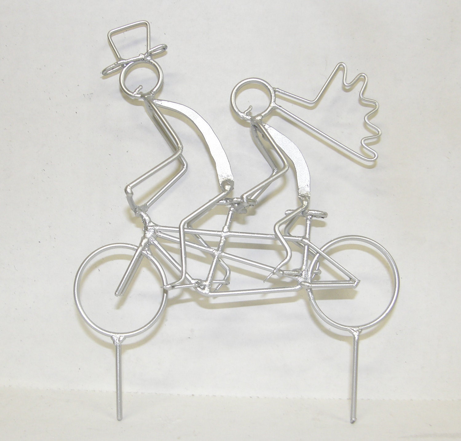 Small Tandem Bicycle Wedding Cake Topper, Silver, With Brown Brazilian Agate Display Base