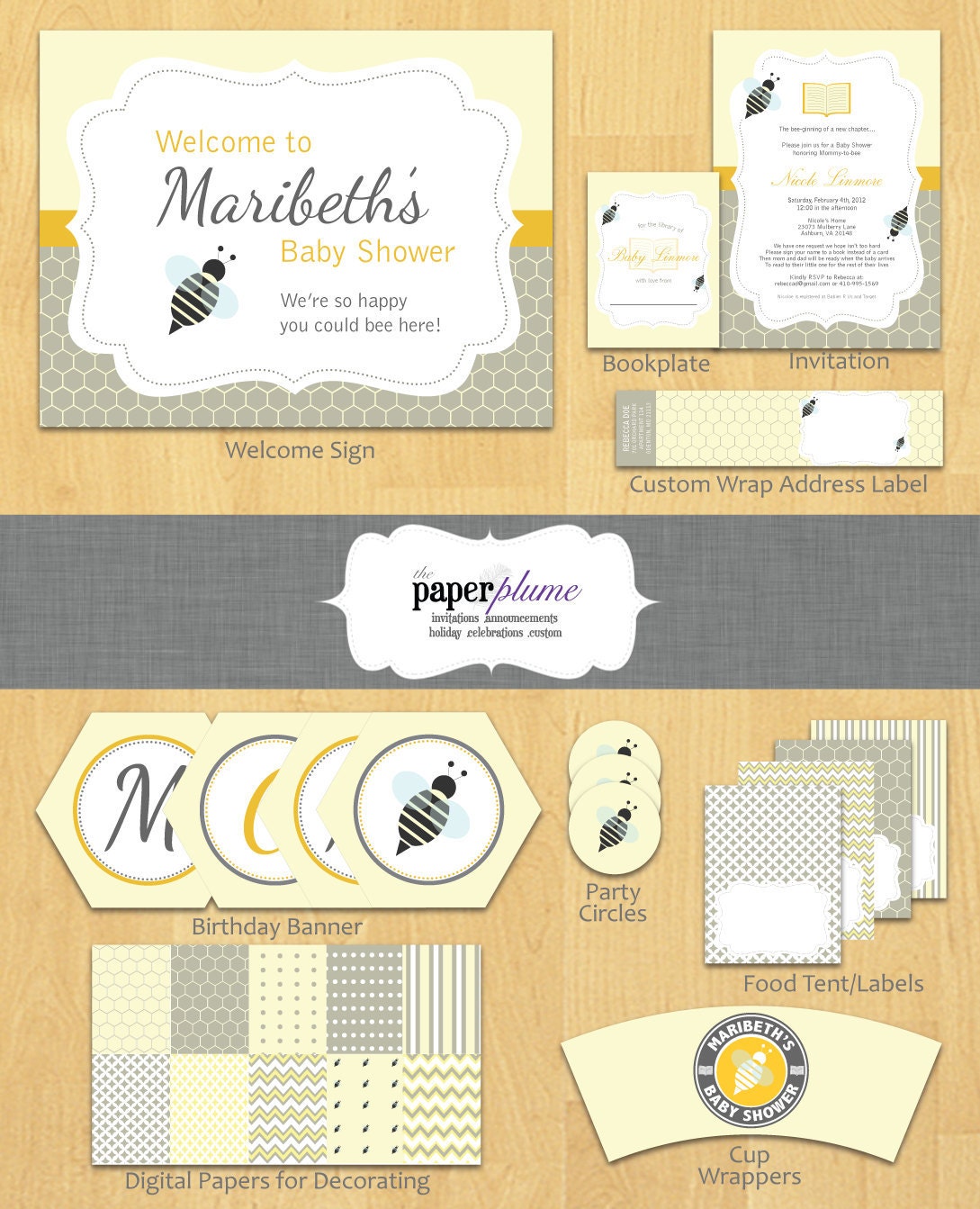 Books and Bees Baby Shower Party Decorations and Invitation Printable