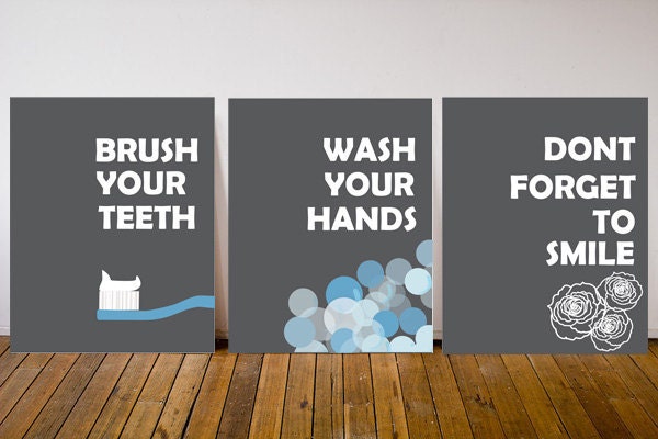 Modern Washroom Commandments Art Print 8x10 Set Of 3 Brush Your Teeth Wash Your Hands Don't Forget To Smile