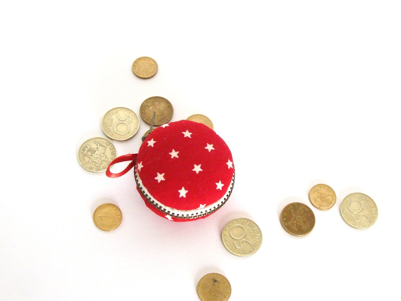 Red stars macaron coin case - mini wallet, keychain purse