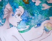 Mermaid Original Art - Melancholic Mermaid w. crystal ball