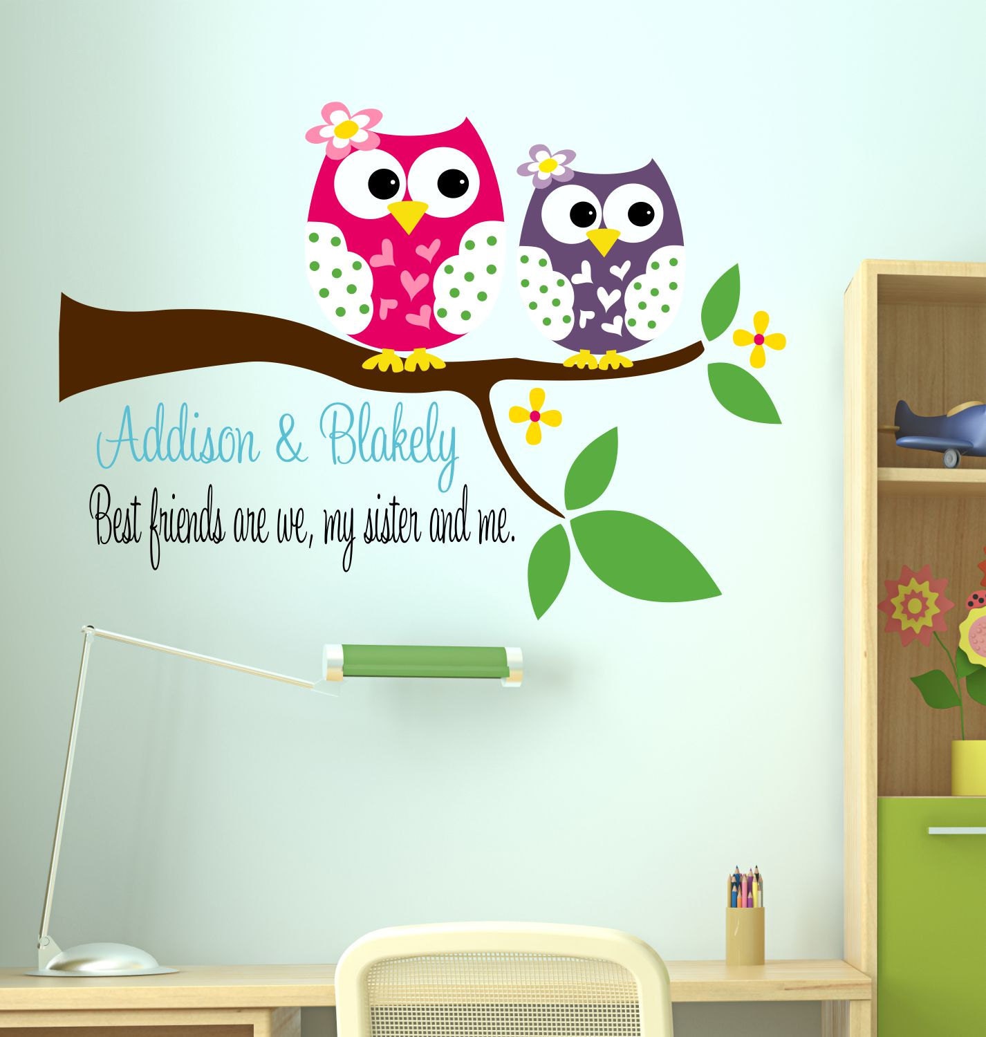 Owl decal , Sisters Wall Decal with Owl - Childrens Decor Owl Vinyl Wall Decal