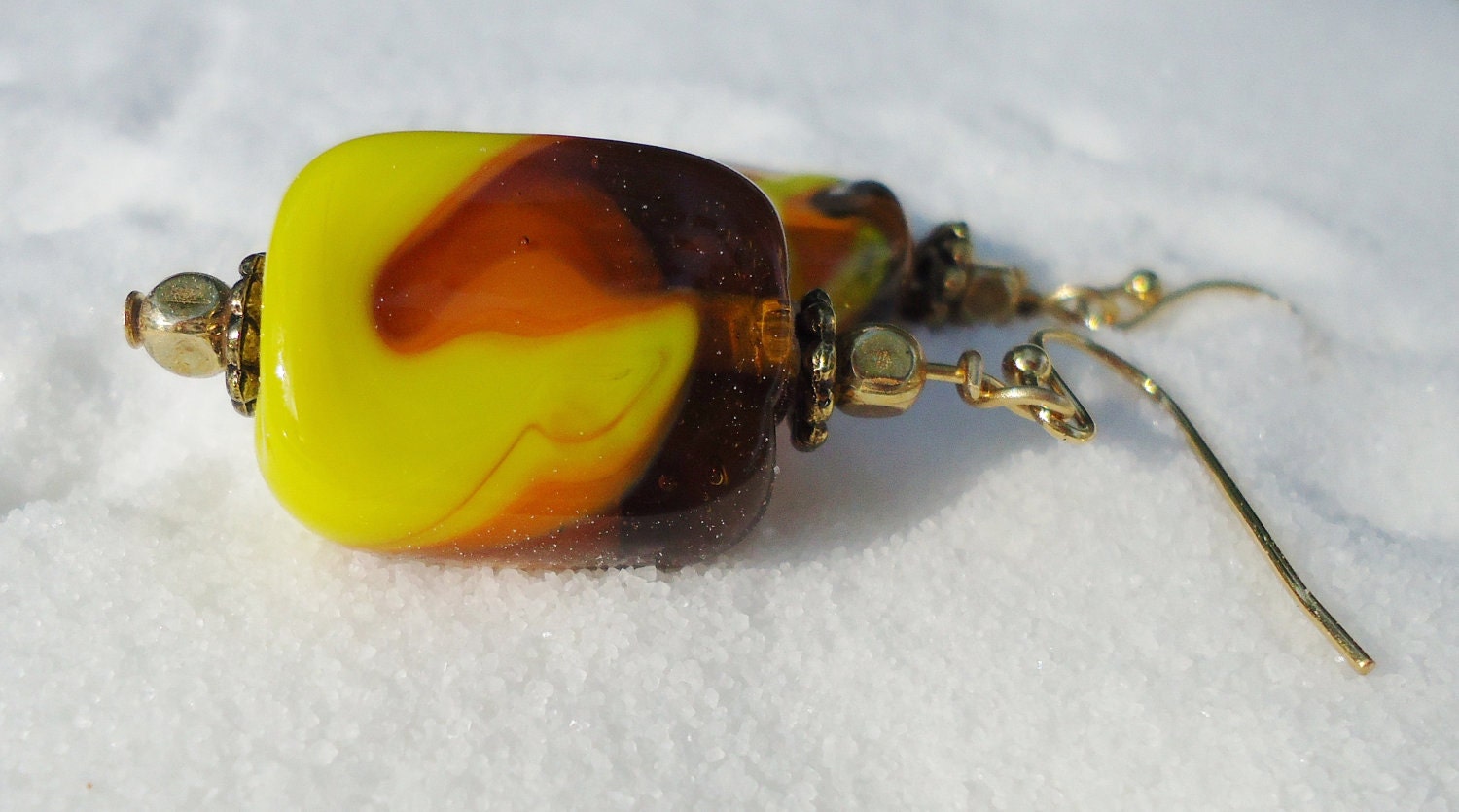 Brown Glass Earrings featuring Yellow, Orange and Amber glass