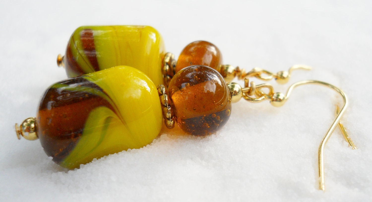 Amber and Yellow Glass Earrings with Gold Plated Earring Wires