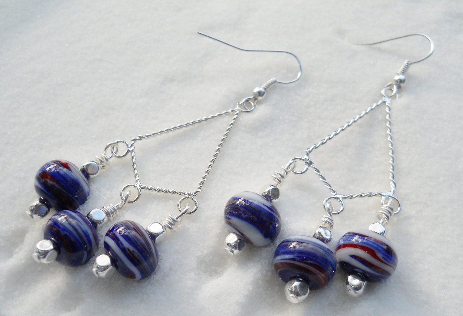 Navy Nautical Earrings, featuring Blue, Red and White Lampwork Beads and Rope Wires