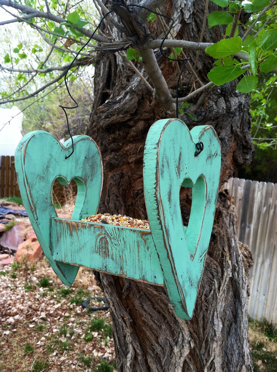 Open Heart Shaped Bird Feeder in Sea Glass Green