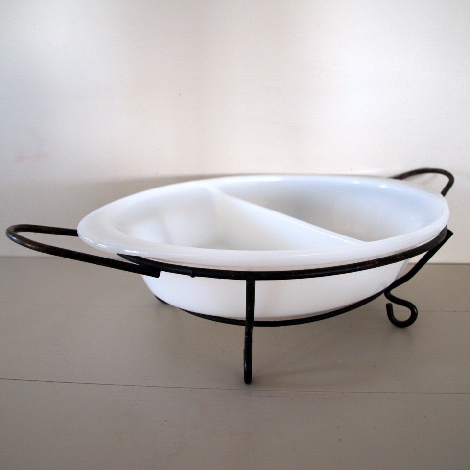 50s Vintage Oven to Table MODERN VINTAGE BOWL Simple White Milk Glass Divided Dish with Black Metal Serving Stand by Glassbake circa 1950s