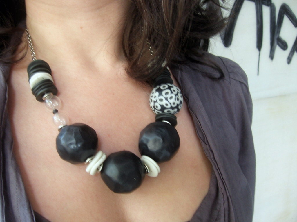 OOAK Necklace, statement, black and white handmade polymer clay beads and discs