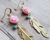 Gold Feather Earrings. Floral Jewelry. feather earrings. Bohemian Chic. Boho. Bridesmaids Earrings. Fall.