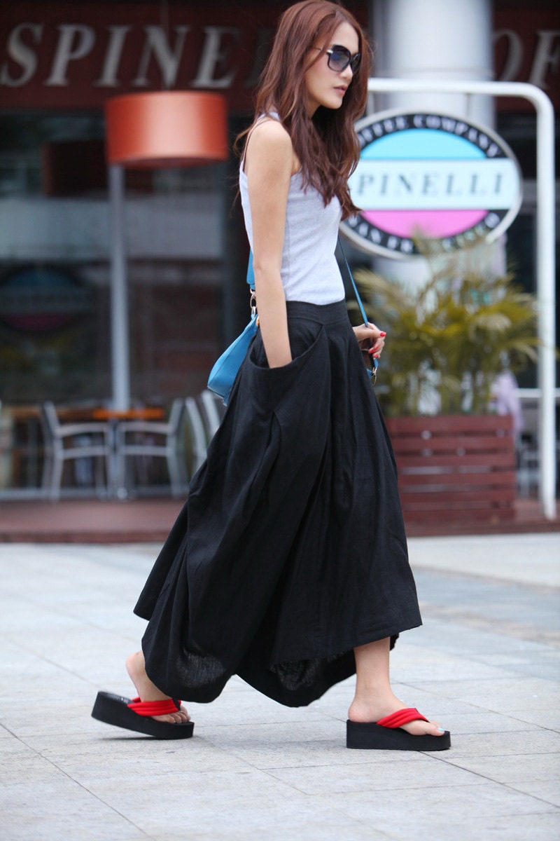 Maxi Skirt Big Pockets Lagenlook Long Skirt in Black Summer Linen Skirt - Custom made - NC331