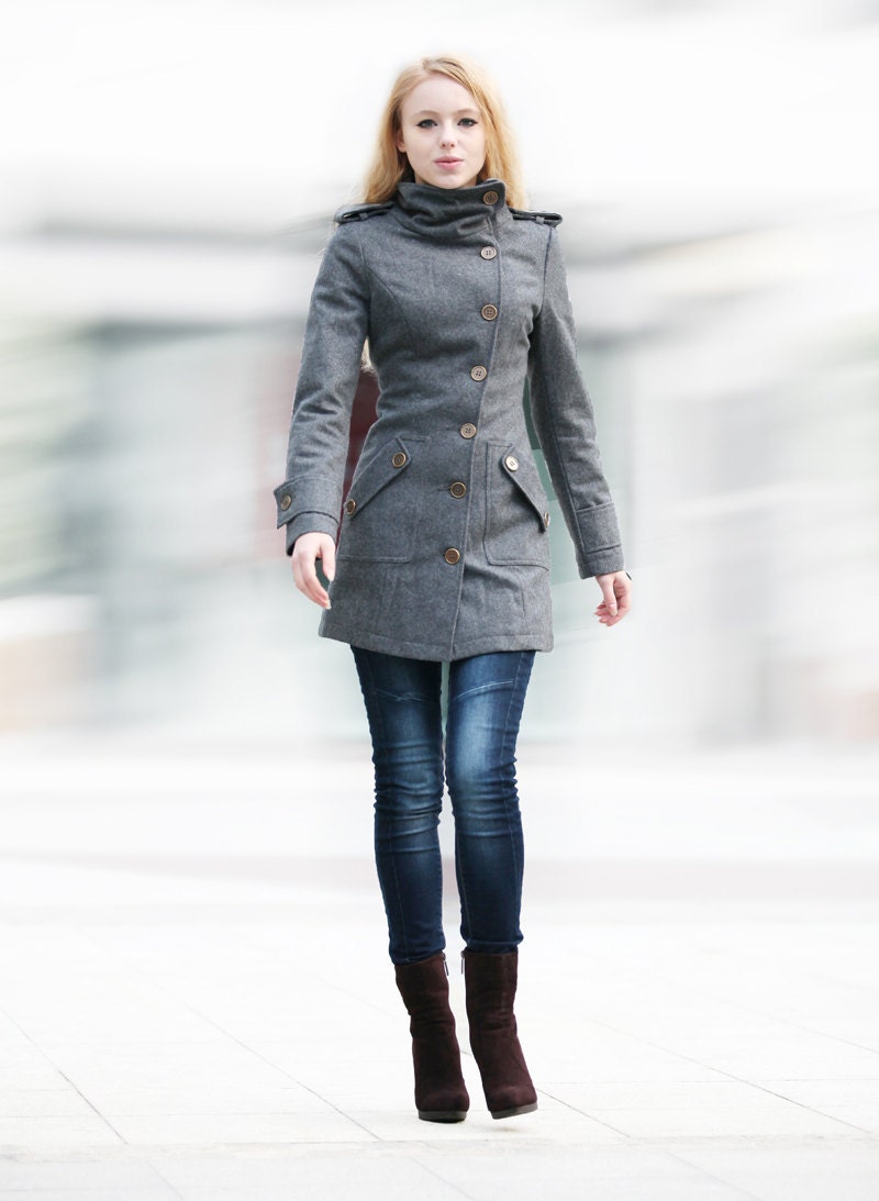 Dark Grey Fitted Cashmere Coat Military Jacket Winter Wool Coat Women Coat - Custom Made - NC240