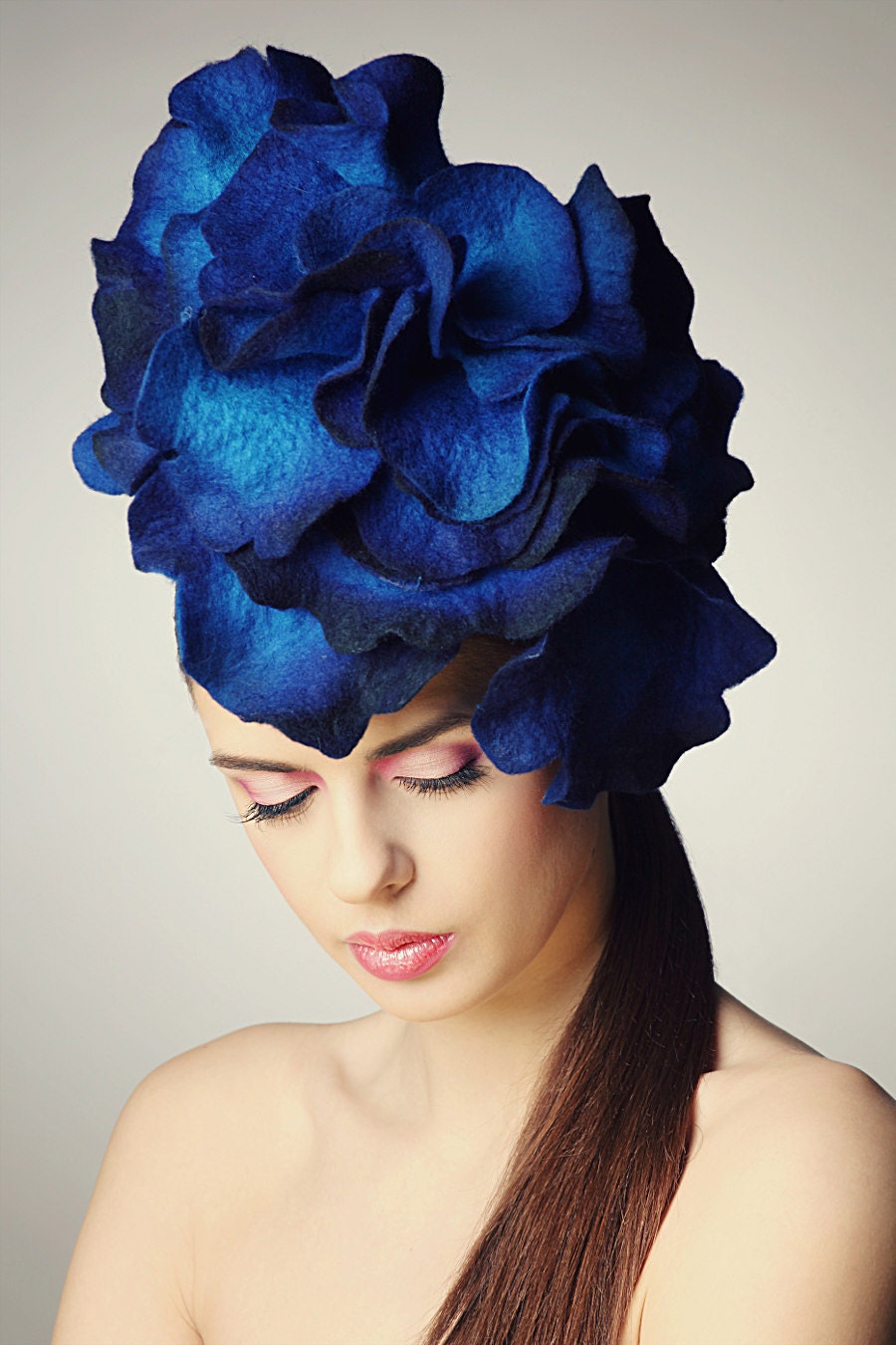 Bright Blue Rose fascinator hat with merino wool, silk fibers and chiffon silk