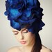 Bright Blue Rose fascinator hat with merino wool, silk fibers and chiffon silk