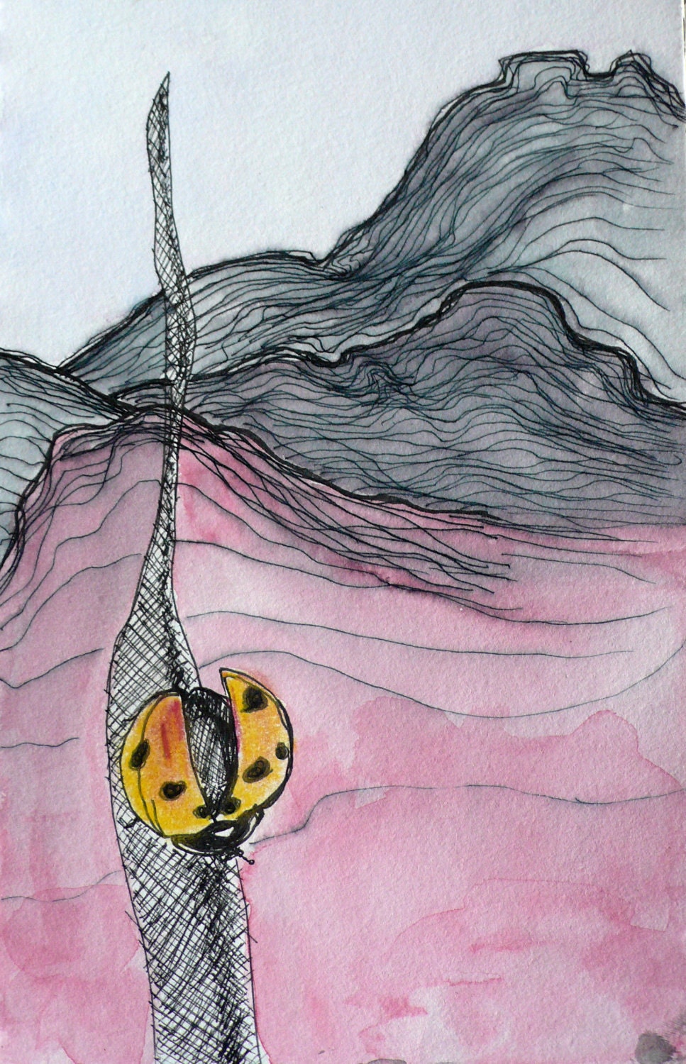 Ladybug art print 5x7 - Illustration of a yellow ladybird on a blade of grass, in the pink hills