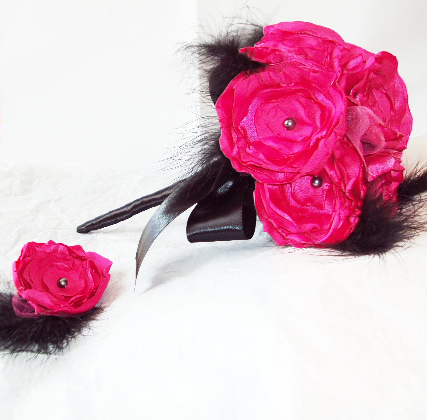 Hot Pink and Black Fabric and Feathers Bouquet & Boutonniere