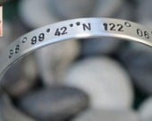 Personalized Handstamped Bracelet Custom Aluminum Bangle Cuff - Latitude and Longitude
