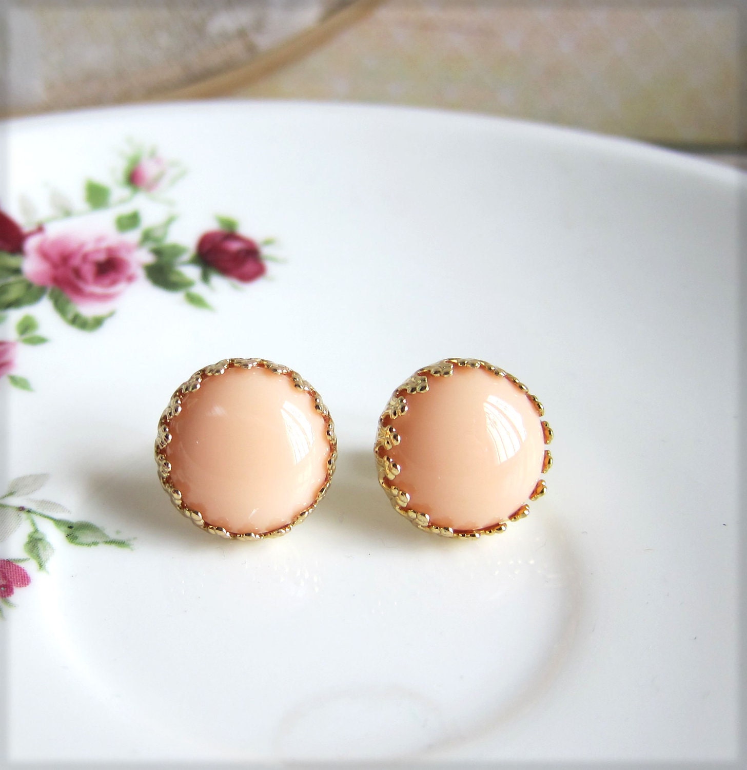 Peach Gold Studs Gold Peach Earrings Gold Peach Button Stud Post Earrings 18K Gold Plated Studs Elegant Dainty Chic - Alegria