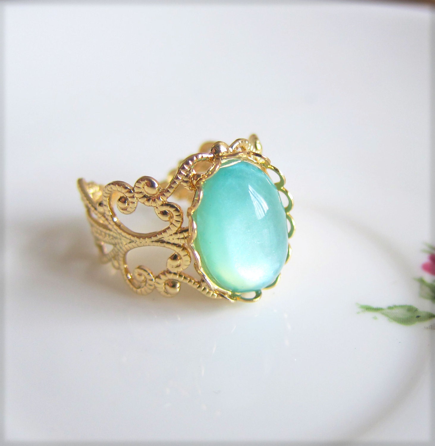 Aqua Ring Blue Ring Gold Ring Blue and Gold Turquoise Ring Great Gatsby Jewelry Jazz Age Inspired Vintage Style