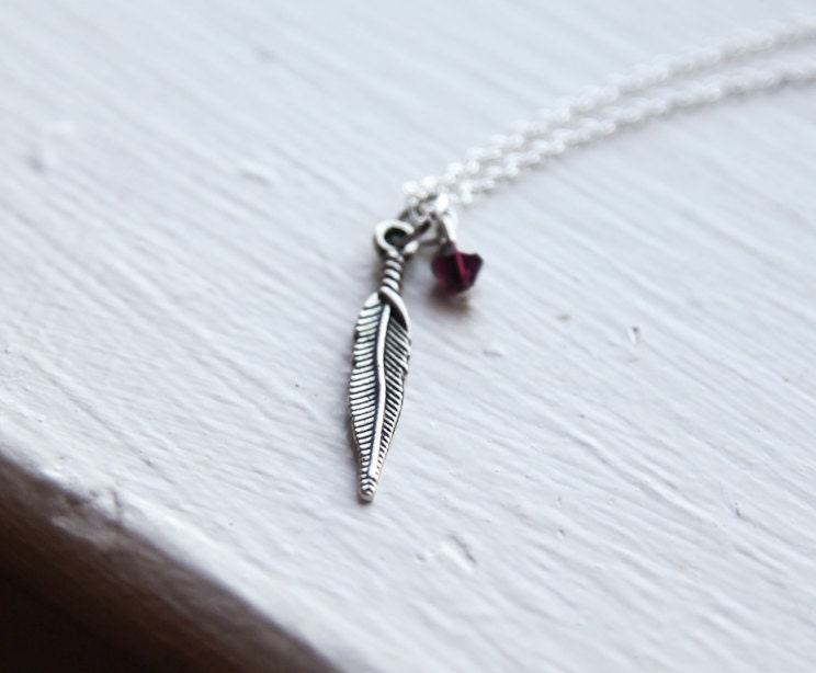Feather Necklace- Birthstone Colors- 925 Sterling Silver Chain- Charm Jewelry Crystal- Birds Feather