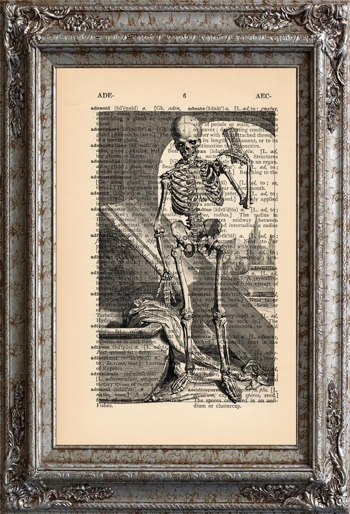Skeleton 3 on Vintage Upcycled Dictionary Book Art Print Page Science Recycled Repurposed