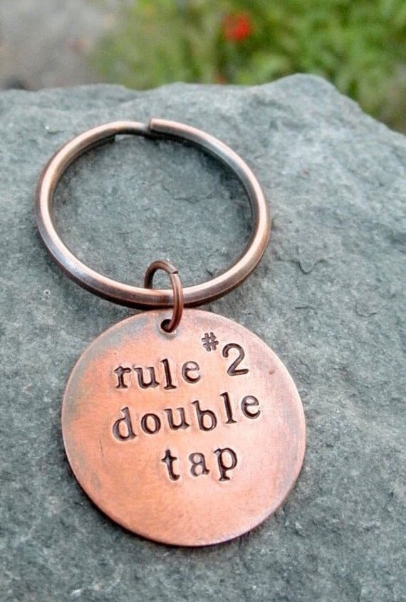READY TO SHIP- Zombie Rules Key Chain- Double Tap- Hand Stamped Copper Disc