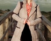 Leather coat, Neutral pea coat wool felt leather detail, brown nappa leather on shoulders and elbows by Texturable