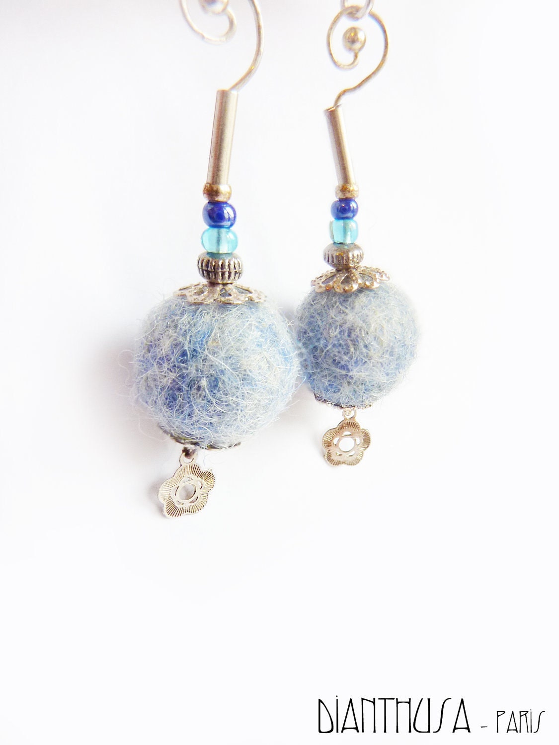 Icy blue Felted earrings with a tiny flower. Christmas gift