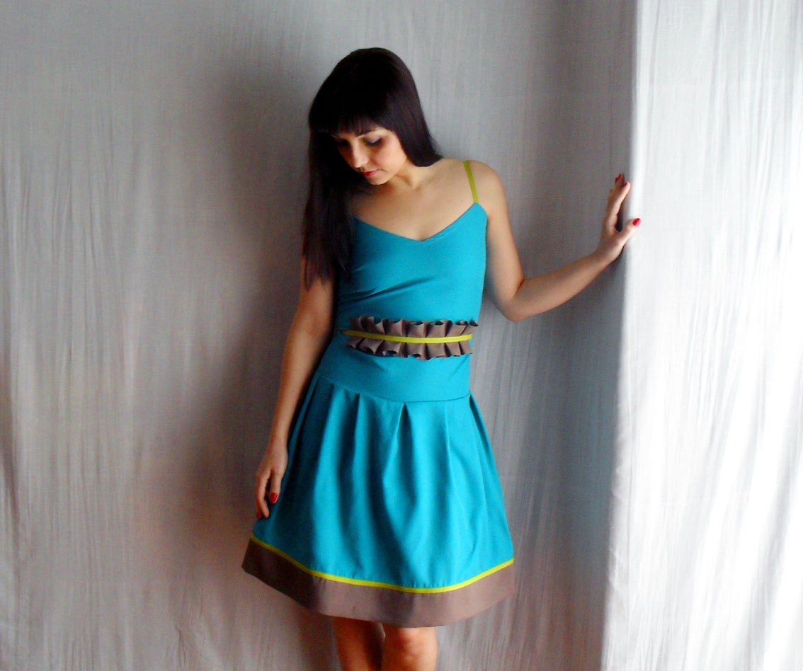 Turquoise slip dress - blue formal dress color block dress pleated dress