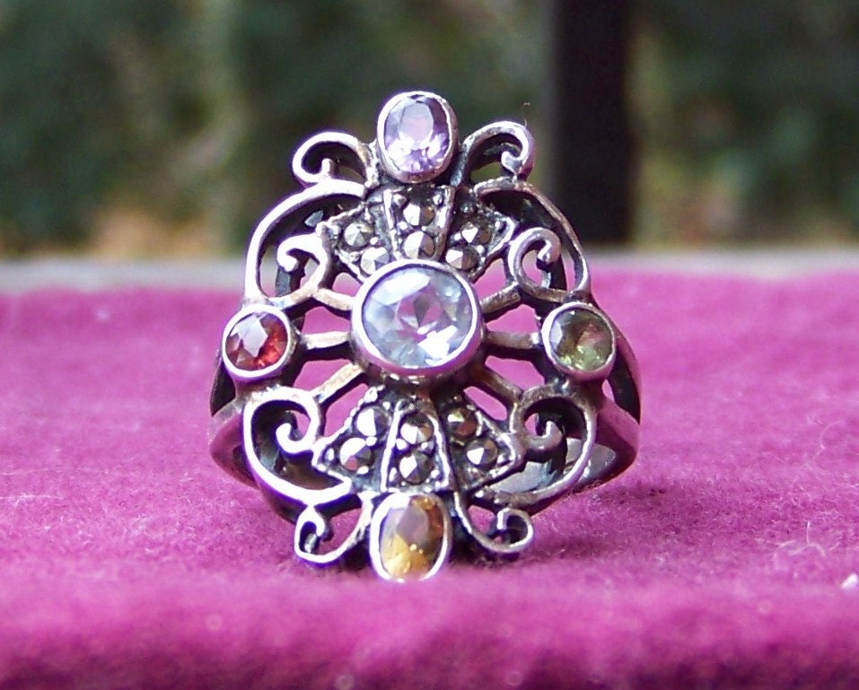 Vintage Sterling Silver Genuine Gemstone and Marcasite Victorian Style Ring Unique Jewelry
