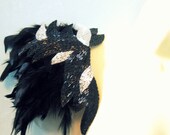 Feather shoulder jewelry black silver beaded epaulets epaulettes shoulder pads (PAIR) Burning Man