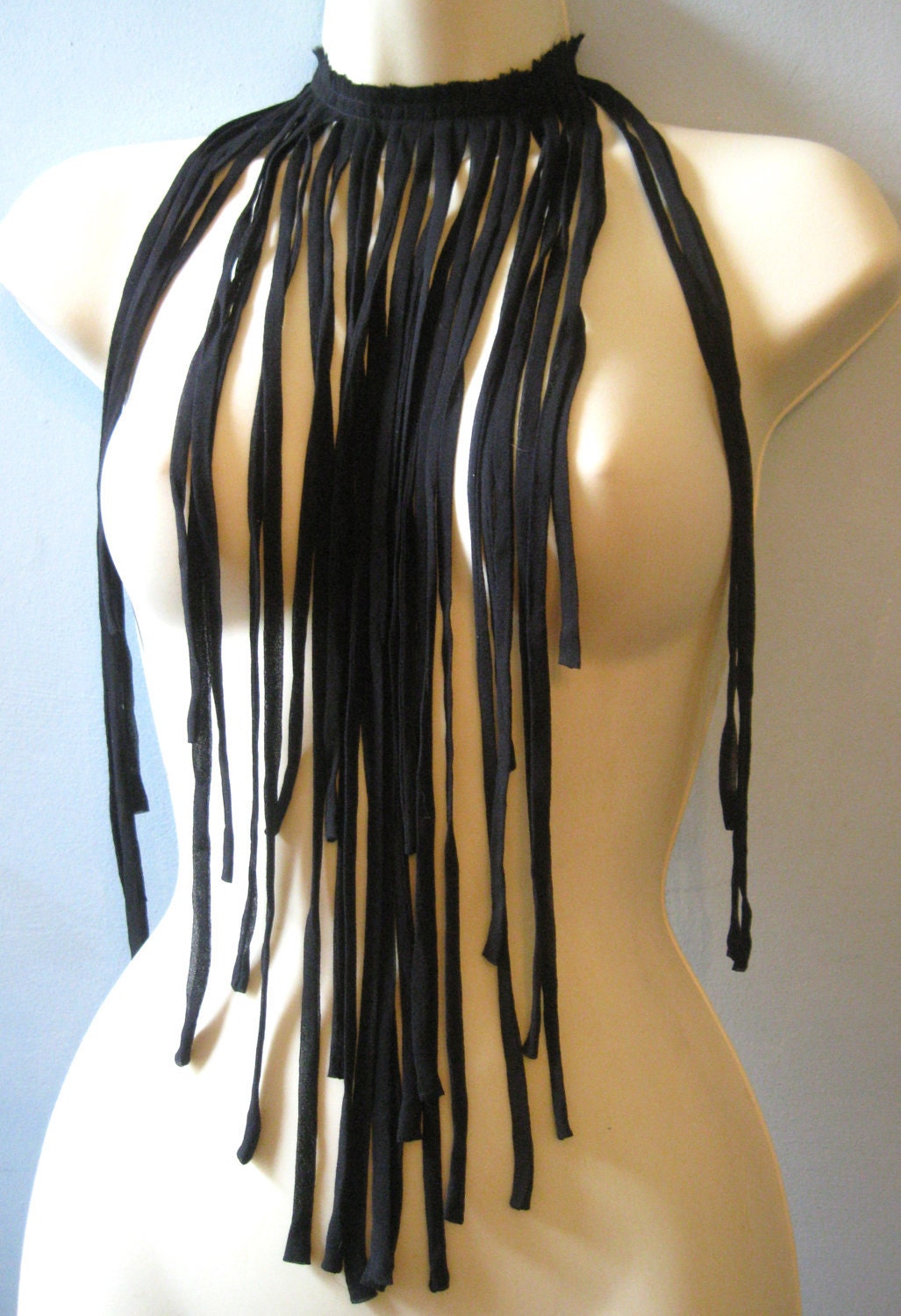 Fringed bohemian necklace ultra long textile detachable collar black burning man
