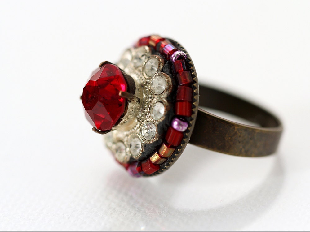 Red Ring. Statement Ring with sparkle. Handmade Cocktail Ring / Bohemian Ring - LAST ONE