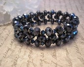 The Emma- Jet Black and Metallic Blue Swarovski Crystal Bangle Cuff Bracelet