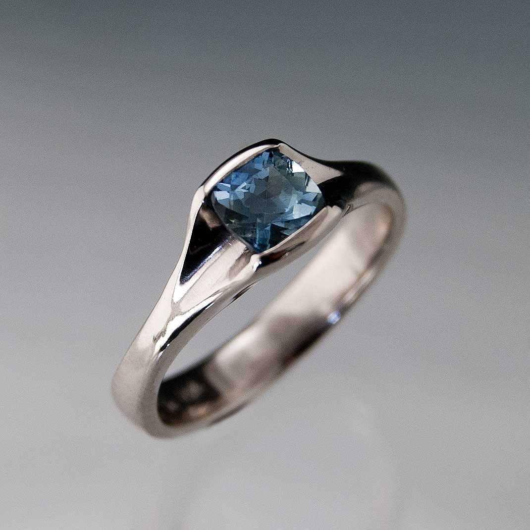 Blue Green Sapphire Engagement Ring, Cushion Cut Fold Half Bezel Solitaire in Silver/Palladium - Fair Trade Gemstone