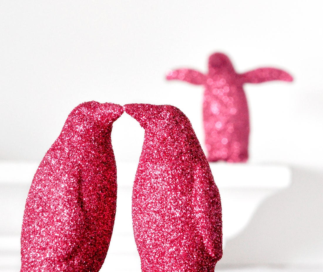 Penguins Kiss Wedding Cake Topper, Hot Pink Birthday Decoration Fuchsia Glitter Entertaining, Table Centerpiece or Children's Nursery Decor