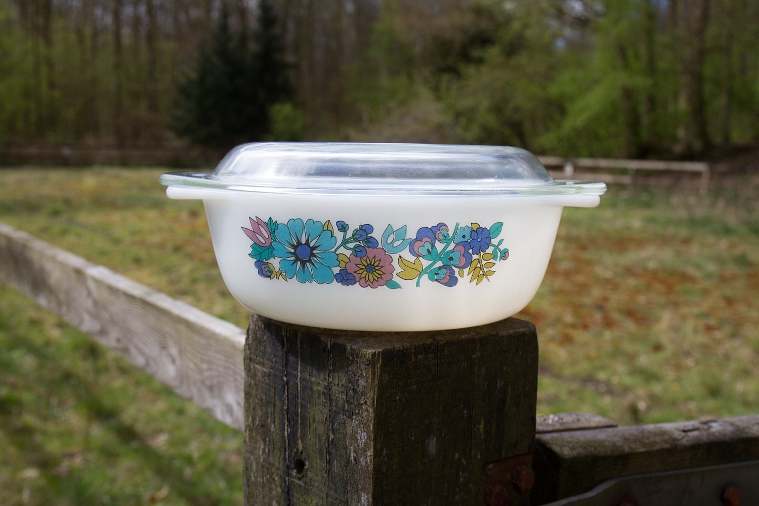 Milk glass bowl by Schott Mainz Jena Glas with blue and purple flowers and glass lid