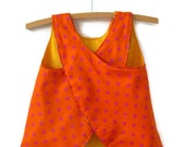 Ecofriendly Reversible baby dress jumper pinafore size 1, upcycled fabrics orange pink polka dots bright yellow red teddy bears - BananaOrangeApple