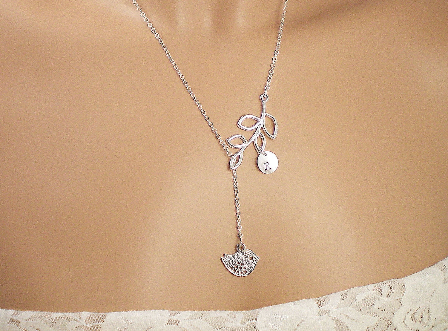 Little Sparrow in Silver & Leaf Lariat - Personalized Initial, Bridesmaid Gift, Bird Necklace, Leaf Necklace, Personalized  Necklace