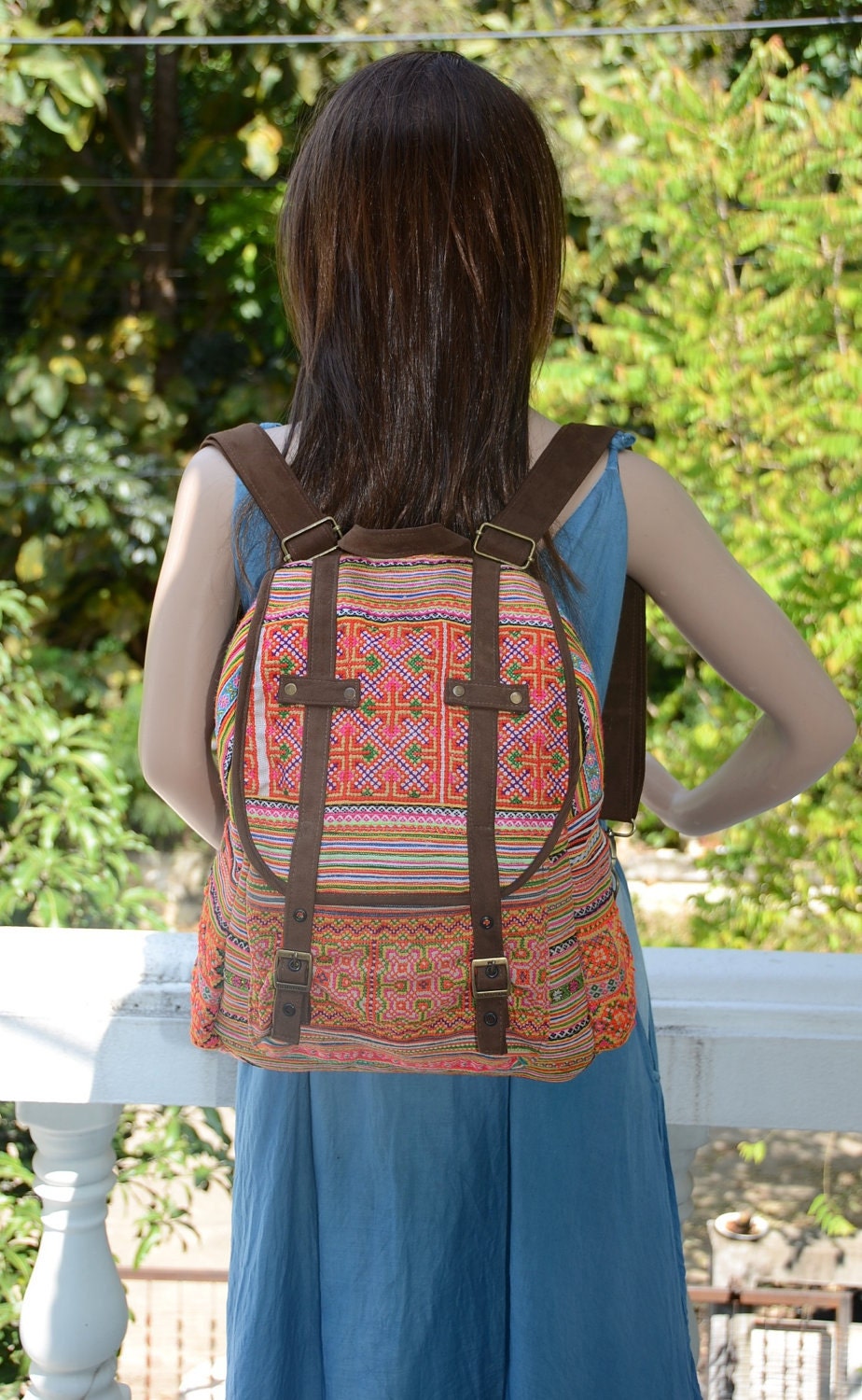 SPECIAL PRICE Orange Backpack Book Bag Handmade HMONG Vintage Fabric Fair Trade Thailand (510)