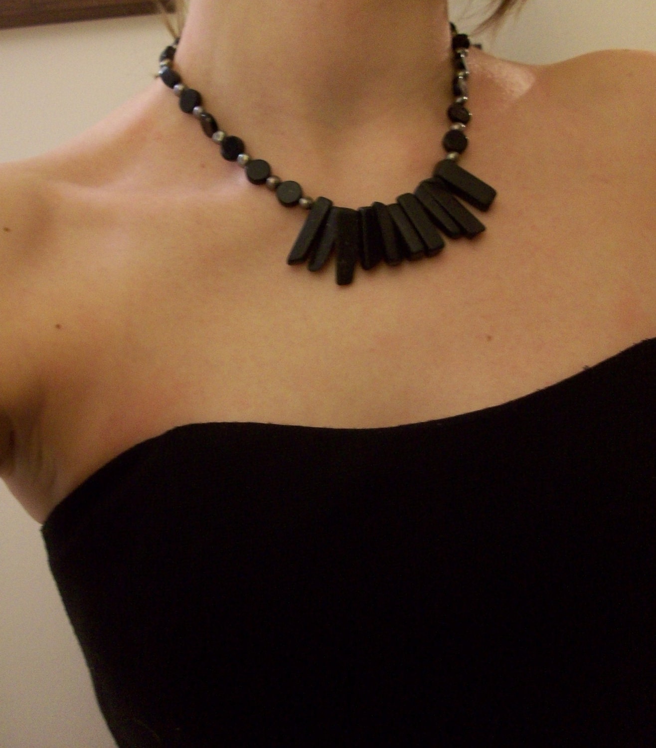 Black rectangular stone necklace with freshwater pearls