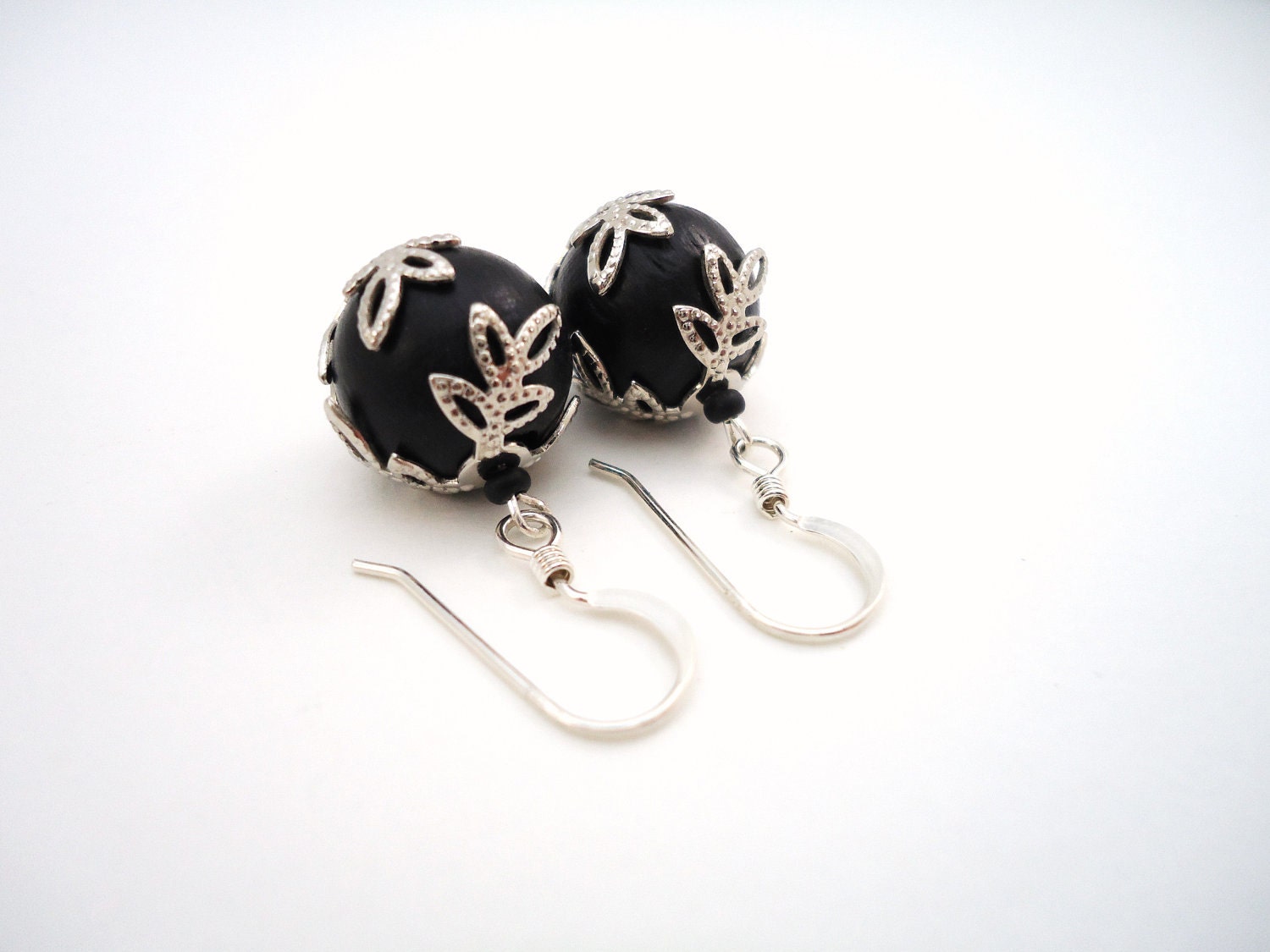 black leaf earrings   wood and sterling silver dangle earrings   art deco black and silver