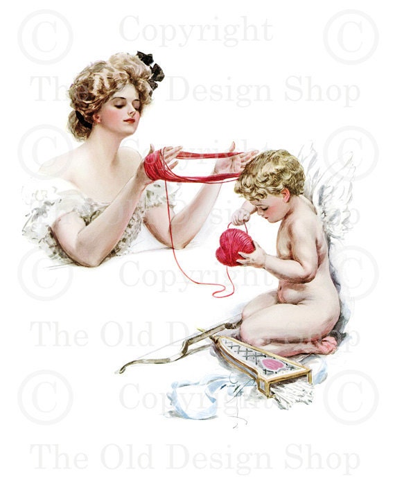 IN THE TOILS Harrison Fisher Victorian Lady and Cupid Wrapping String Valentine Heart Image for Card Making Altered Art Digital Download