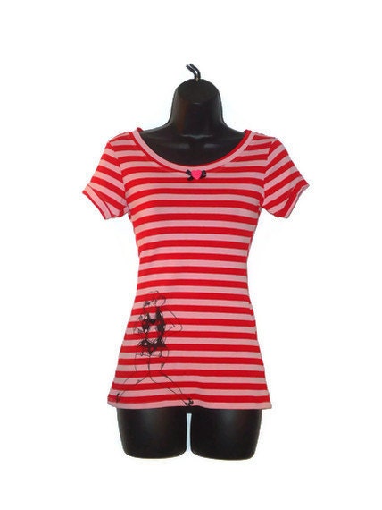 Womens Pink and Red Striped Rockabilly Sailor Girl Pin Up Top Womens Clothing Size Small