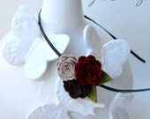3 Small Wool Felt Rosettes, Red, Taupe & Brown, on Black Metal Headband