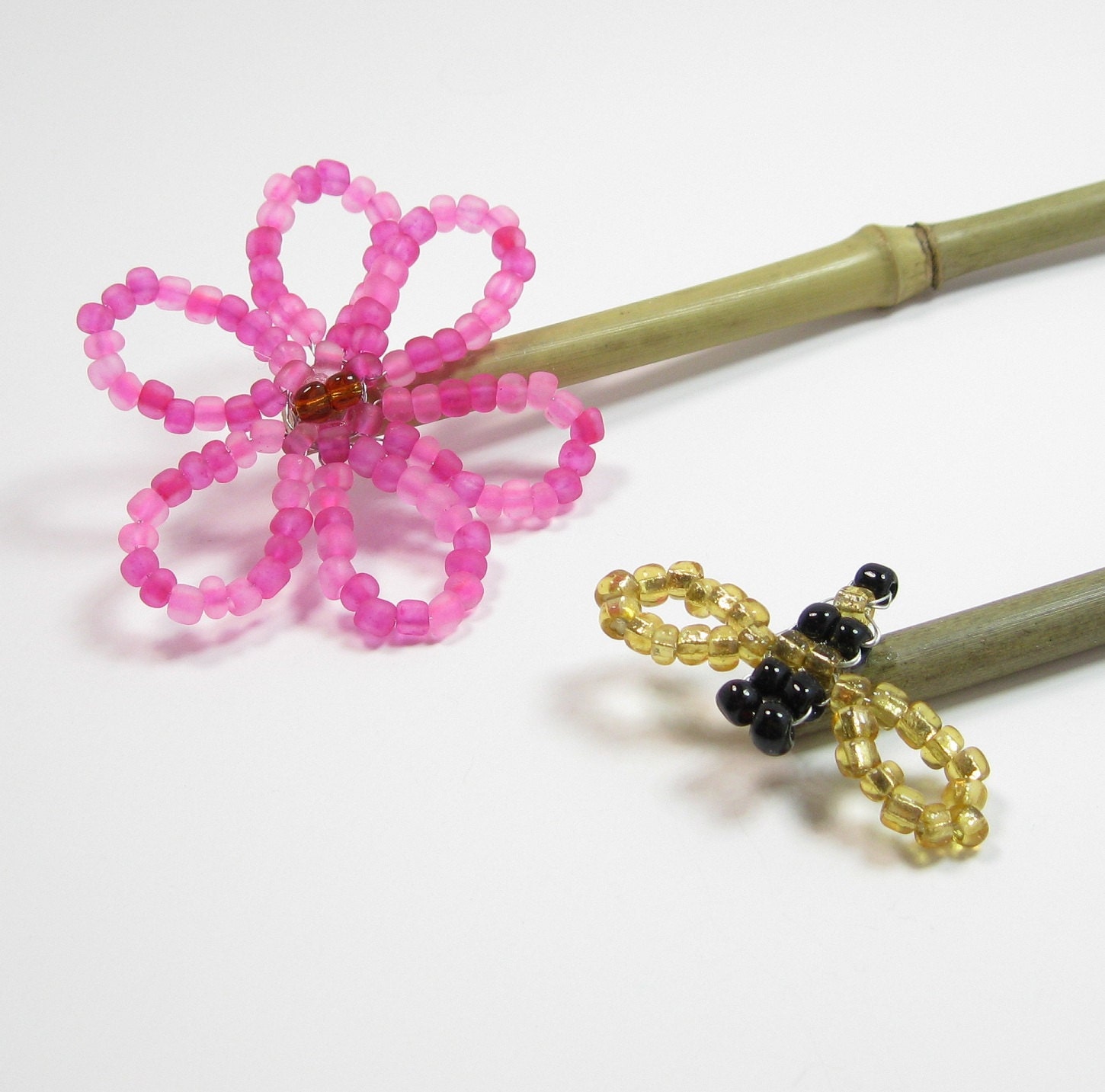 Plant Stakes - Flower Garden Sticks - Bumble Bee - Plant Marker - Garden Decor - Beaded Flower - Bamboo Decor - Spring Decor