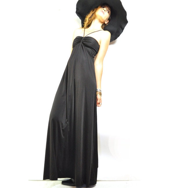 70s HALSTON STYLE DRESS / stunning black maxi / strappy ruched top / super sexy summer dress / xs - s .