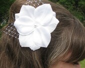 White Flower Fascinator with White Veiling Leaves - Hair Clip