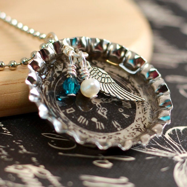 Bottle Cap Clock Pendant Necklace - Bird Wing Charm, Freshwater Pearl, Glass Crystal Dangles on Handmade Pendant - Time in a Bottle Cap