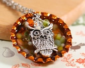Owl Charm Bottle Cap Resin Pendant Necklace - Polished Stones in Orange Cap Pendant with Silver Owl Charm and Swarovski Crystal Dangles