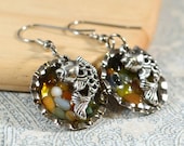 Koi Fish Pond Resin Pendant Earrings - Colored Pebble Stones in Silver Mini Bottle Cap with Koi Charms